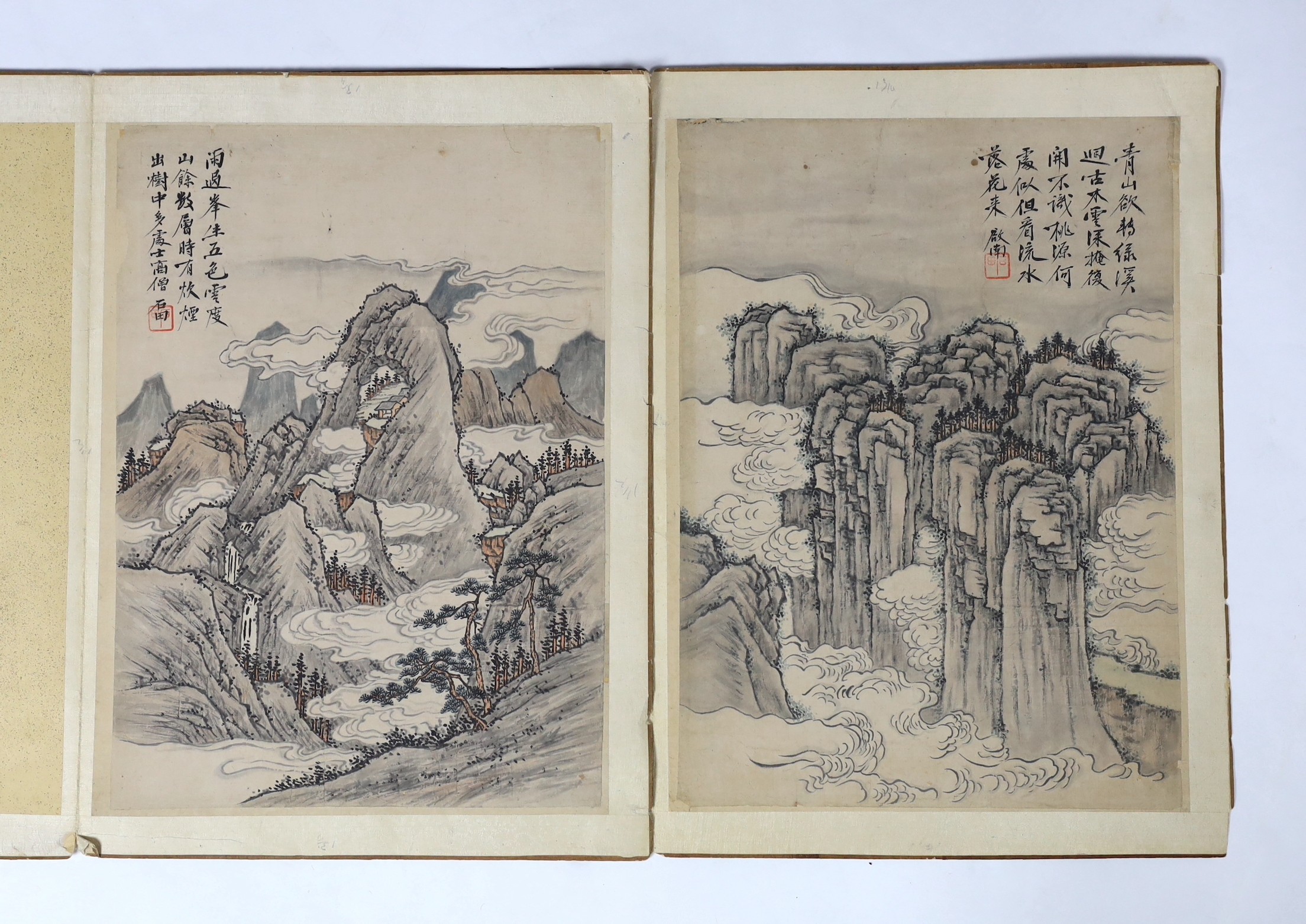 Two Chinese painted album leaves, 19th century, Each Image 47.5cm x 34cm